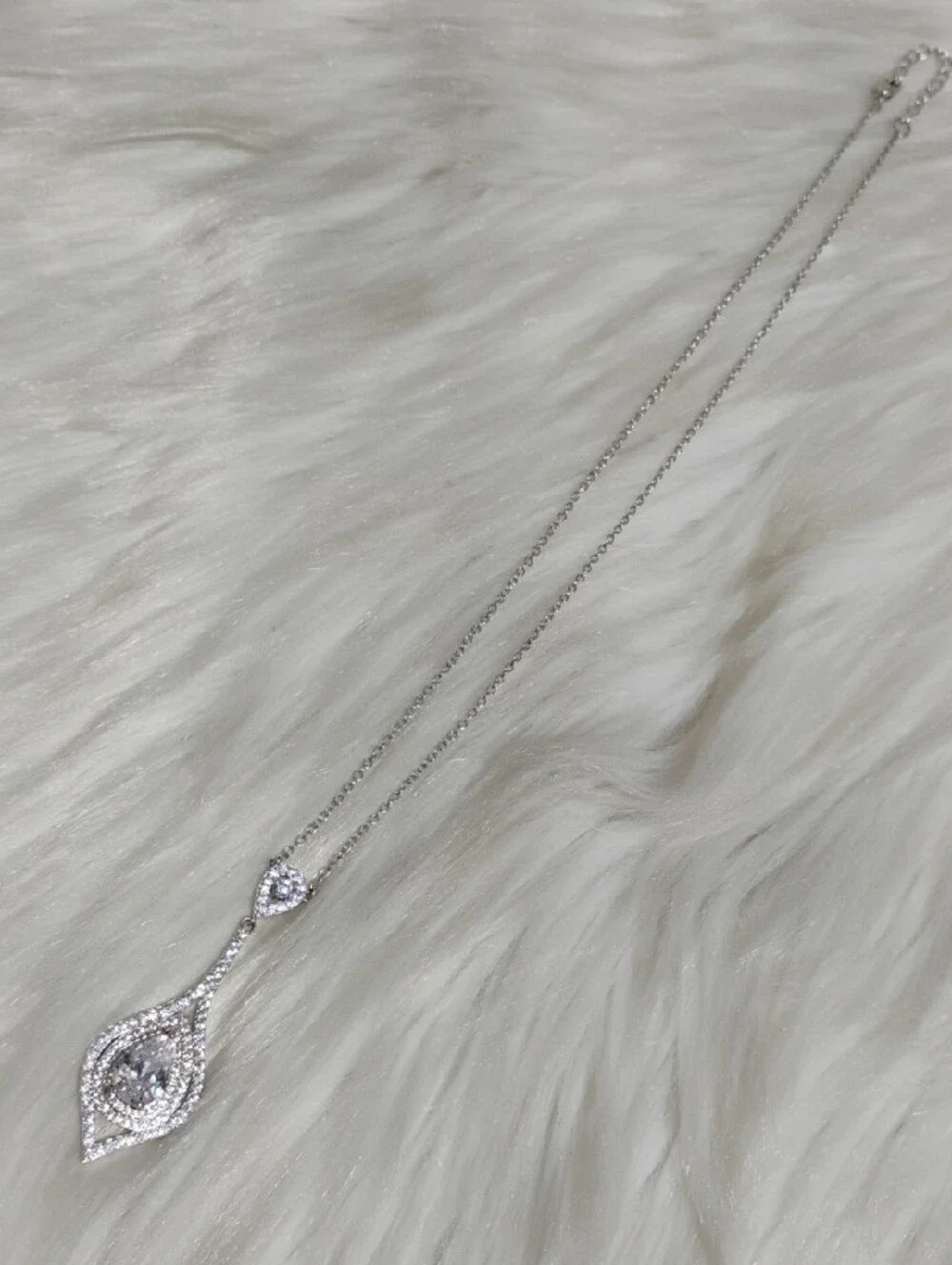 SALE! Fine Silver Plated Teardrop Sparkling CZ Diamond Statement Necklace - Picture 6 of 11